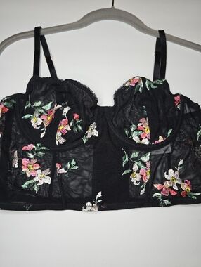 Inc Lace Bustier Medium Floral Tropical Embroidered Black